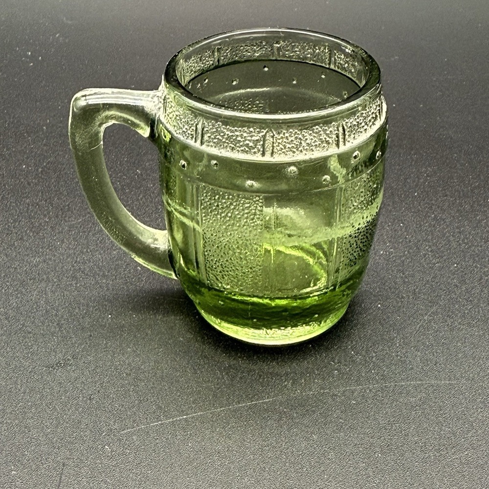 Vintage 1970s Green Glass Mini Barrel Mug,  2.25", toothpick holder shot glass